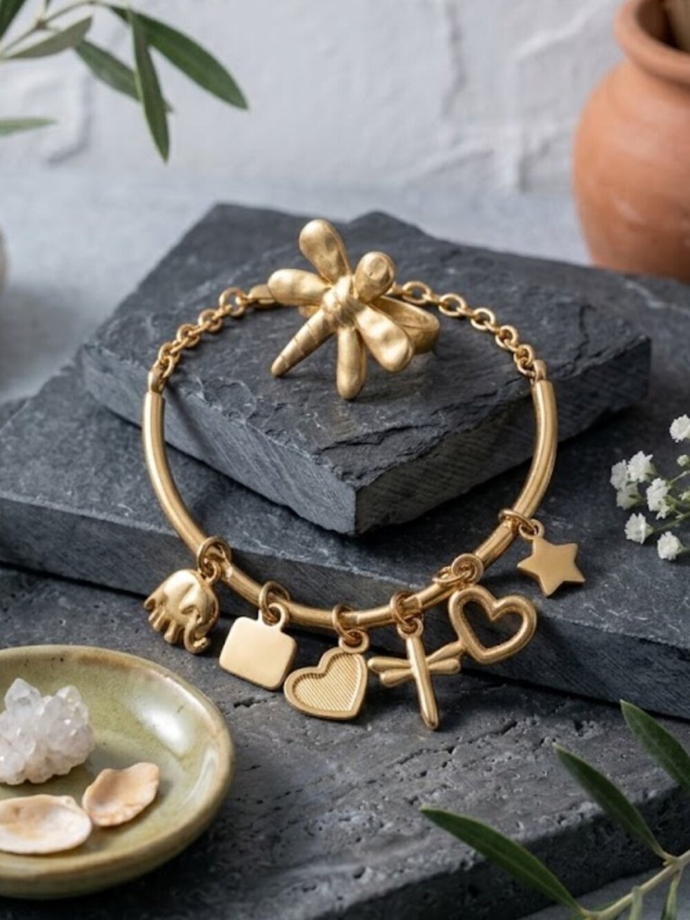 18K Matte Gold Plated Turkish Charm Bracelet Ring Set Dragonfly Heart Elephant